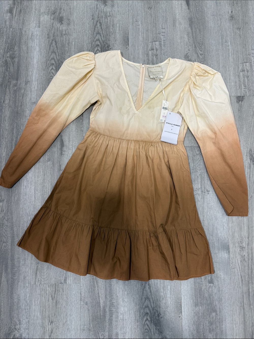 Anthropologie Ombre Puff-Sleeve Mini Dress in Cream to Brown